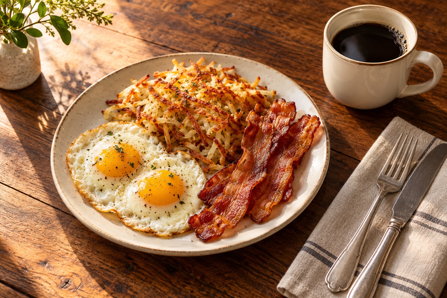 Illustrative AI breakfast still life of eggs, hash browns, bacon and coffee; not actual cafe food